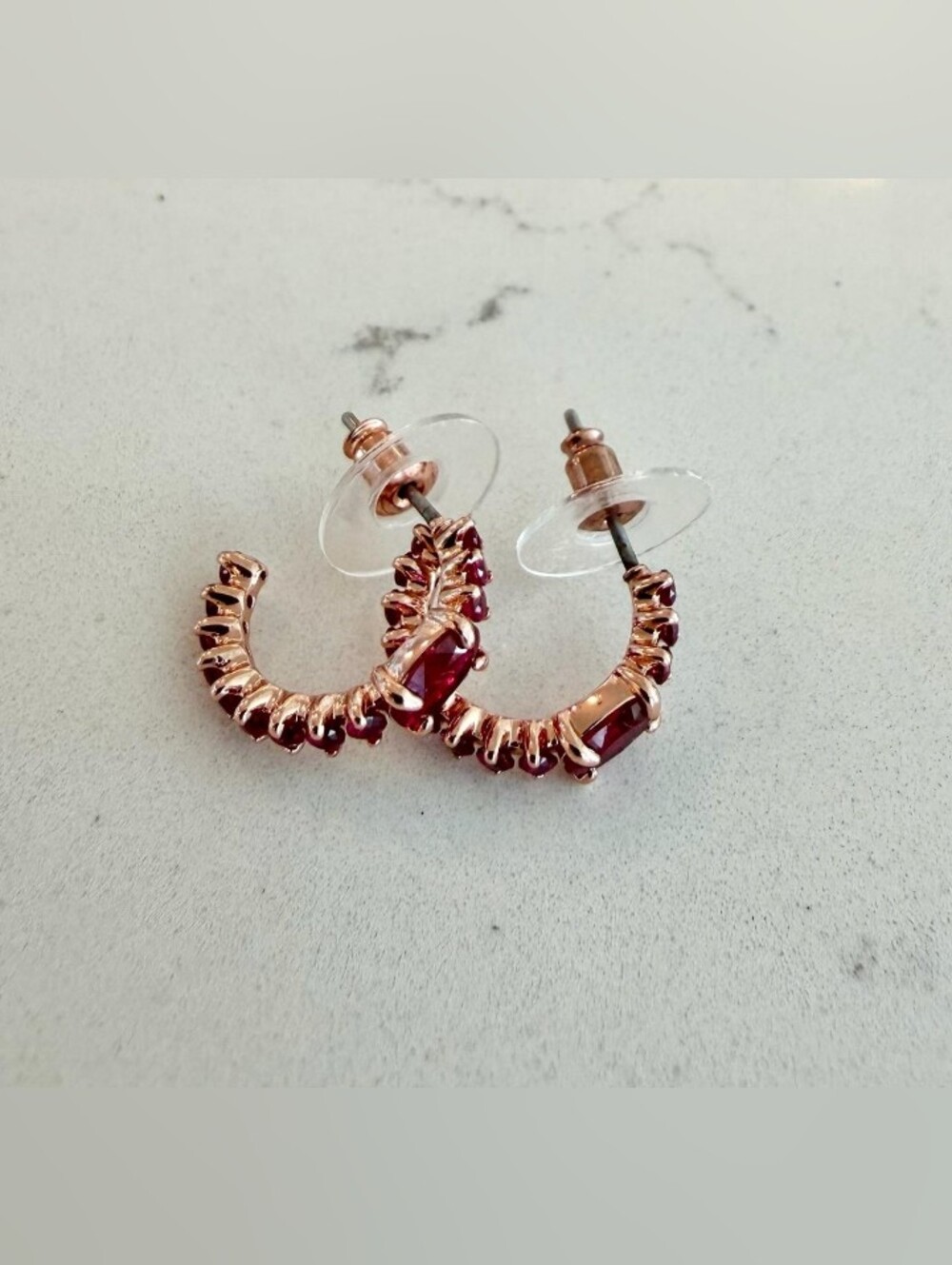 Bomb Party Red Ruby Garnet Crystal Rose Gold Hoop Earrings Perfect Condition